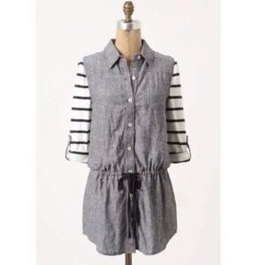 POSTMARK ANTHROPOLOGIE ANTHRO Rowena Tunic White Navy Blue Striped Chambray Top